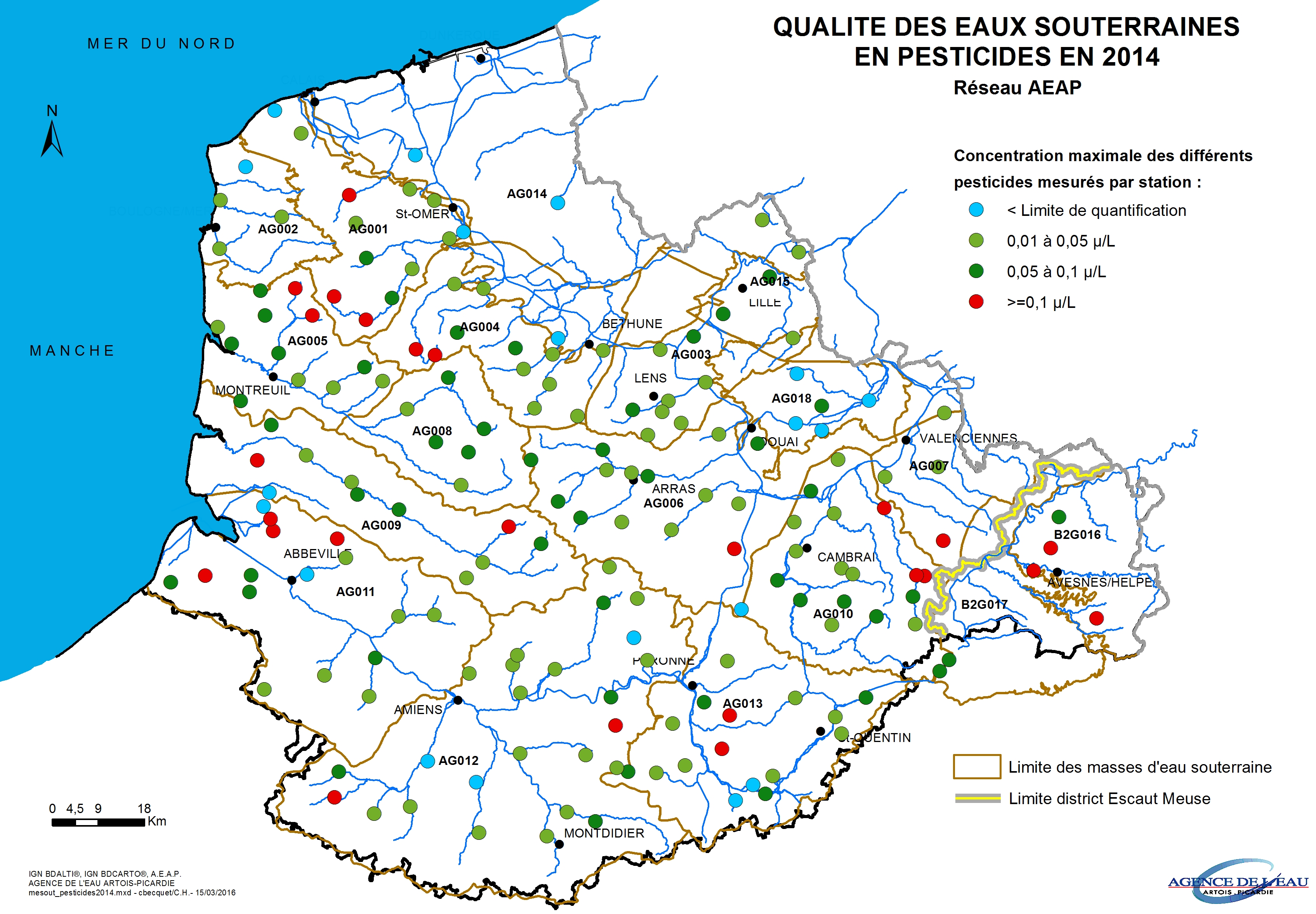 Carte des eaux souterraines en pesticides en 2014